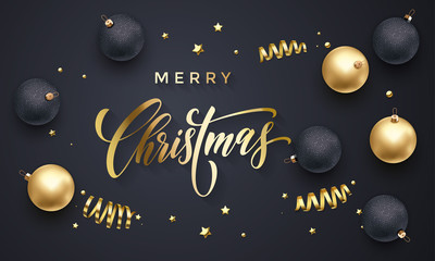 Merry Christmas greeting card of golden decoration balls, gold glittering confetti and stars glitter on premium black background. Vector Christmas or New Year wish calligraphy text for winter holiday