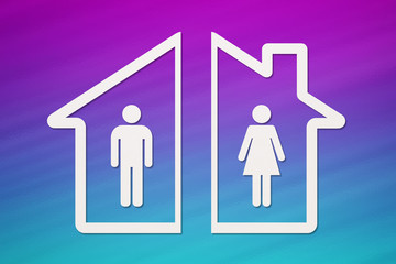 Paper house with man and woman inside. Divorce concept