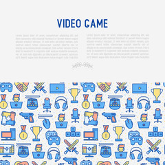 Video game concept with thin line icons: gamer, computer games, pc, headset, mouse, game controller. Modern vector illustration for banner, web page, print media.