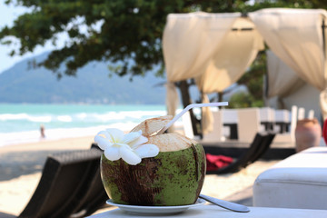 Coconut with drinking  straw, spoon  and beautiful white Plumeria flower on the table on the  beach in Nakhonsrithammarat province ,Thailand.