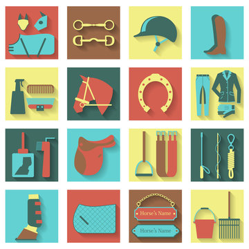 Set of 16 flat vector icons with different horse and riding equipment