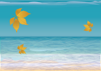 Fototapeta na wymiar sea autumn landscape - waves, surf - sky, autumn leaves - art creative illustration vector