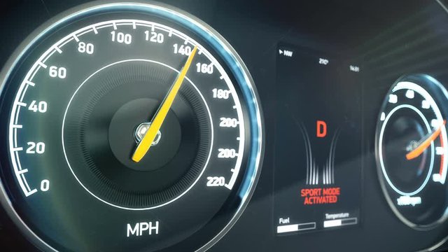 Car dashboard with speedometer gaining speed, sports race launch, supercar. Sports race, car driving super fast, competition

