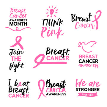 Pink breast cancer awareness ribbon text quote set