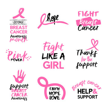 Breast cancer awareness pink hand drawn quote set