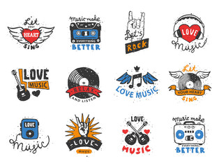 Naklejka premium Set of vintage musical labels hand drawn templates love musical elements for design vector illustration.