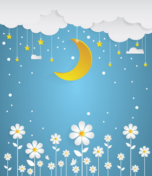 nighttime with flowers and winter background.paper art style
