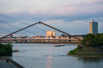 View of the River Rhine in Dusseldorf, Germany. Evening in Germany.