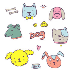 Vector set of dogs heads. Hand drawn ink illustration, sticker design