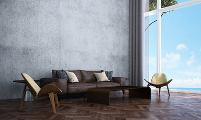 The interior design of lounge and living room and white wall texture and sea view / 3D rendering new scene new mode