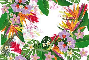 Design of tropical background with palm leaves and flowers.