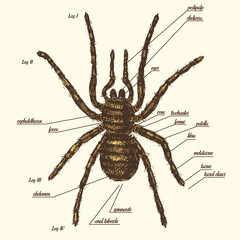 Illustration of a spider anatomy include all name of animal parts. Birdeater species in hand drawn or engraved style. arachnology