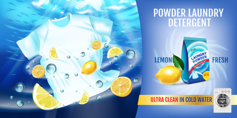 Lemon fragrance Laundry detergent ads. Vector realistic Illustration with t-shirt is washed in water and product package. Horizontal banner