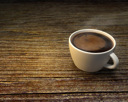 The white cup of black brewed coffee on wooden table. 3D render.