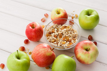 Healthy morning meals with muesli and apples
