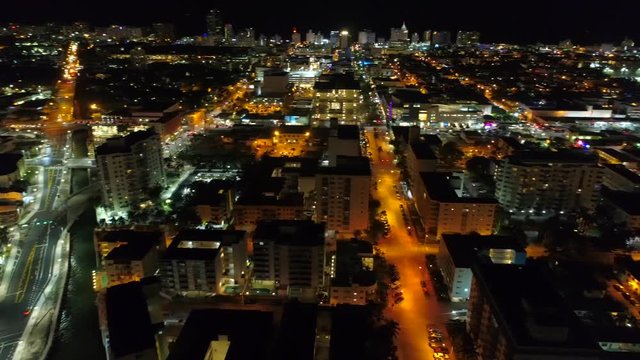 Aerial drone night panorama Miami Beach