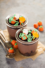 Halloween dessert in a jar, chocolate pudding