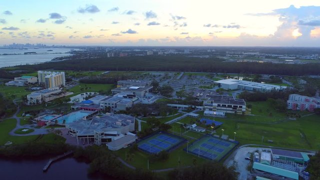 Aerial drone video college campus 4k at dusk
