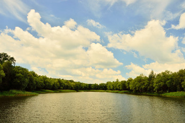 Obraz na płótnie Canvas Chmury i drzewa nad brzegiem jeziora.
