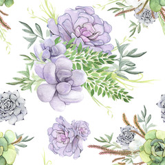 Watercolor seamless pattern of delicate succulent flowers.