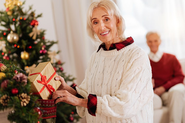 Obraz na płótnie Canvas Attractive female person putting present into stocking