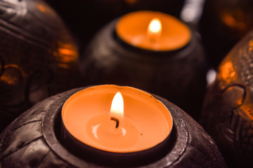 Candles burning, cozy home decoration