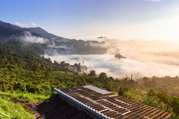 Fototapeta na wymiar Landscape of misty mountains at the sunrise in Phayao province, Phu Lanka mountain hills, North of Thailand.