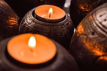Candles burning, cozy home decoration