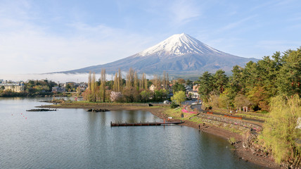Panoramic view of Mt Fuji with misty morning  in spring time.