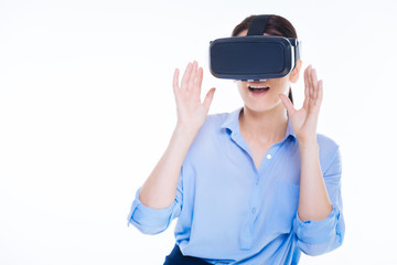 Pleasant young woman wearing 3d reality glasses