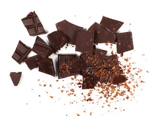 chocolate bars, pieces with shavings isolated on white background, top view