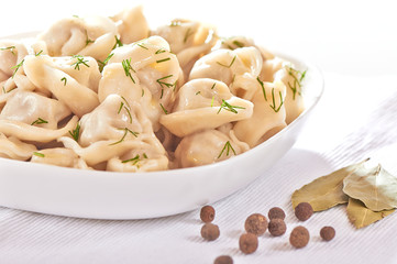 Russian cuisine hot meat dumplings served with herbs