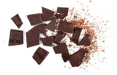chocolate bars, pieces with shavings isolated on white background, top view