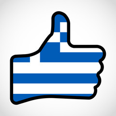 Flag of Greece in the shape of Hand with thumb up, gesture of approval, meaning Like, vector finger sign, flat design illustration.