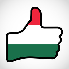 Flag of Hungary in the shape of Hand with thumb up, gesture of approval, meaning Like, vector finger sign, flat design illustration.