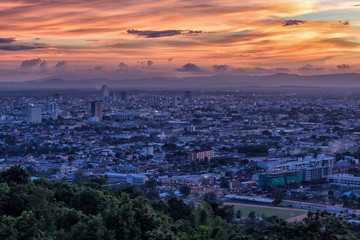  Beautiful golden sky panorama view in evening from public park city view point in Nakhon Si Thammarat, Thailand