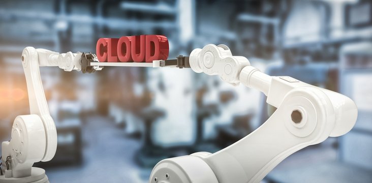 Composite image of robotic hands holding red cloud text against