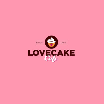 Love cake logo. Café emblem on a pink  background.