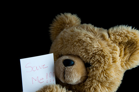 Teddy Bear with save me note, conceptual image of wildlife protection.