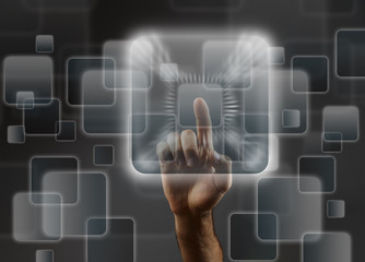 Man's hand pushing the button. Touchscreen. Rear view.