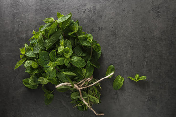 Obraz na płótnie Canvas Fresh mint leaves. Italian herbs. Dark background.