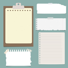 Set of different notebook paper sheets - ripped, clipped on a clipboard on blue background. Vector illustration - 176271147