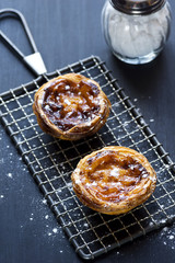 Pasteis de Nata or Belém, Portuguese Custard Tarts, on Cooling Rack with Shaker of Powdered Sugar