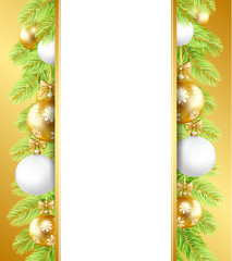 Christmas and  New Year frame with fir-tree border and christmas balls. Vector illustration.