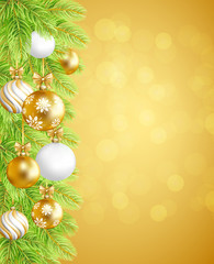 Christmas and  New Year background with fir-tree border and christmas balls. Vector illustration.