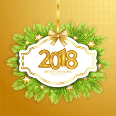 2018 Merry Christmas and Happy New Year card with fir-tree frame and christmas stars. Vector illustration.