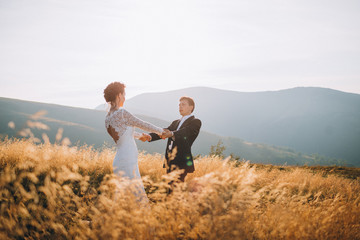 Beautiful newlyweds pose in a field with golden wheat