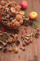 autumn still life mushrooms on a table