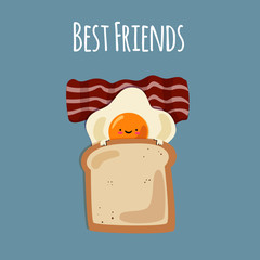 Funny good morning breakfast egg with toast and bacon cartoon. Vector illustration
