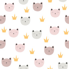 Little kitten and golden crown seamless pattern. Vector hand drawn illustration.